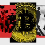 Зображення криптовалюти Bitcoin та силуети людей на тлі, ілюстрація до статті про кримінальні правопорушення з використанням криптоактивів.