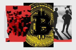 Зображення криптовалюти Bitcoin та силуети людей на тлі, ілюстрація до статті про кримінальні правопорушення з використанням криптоактивів.